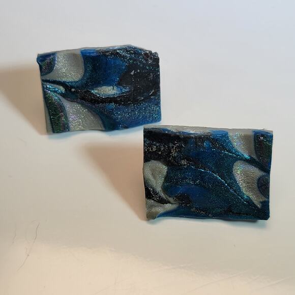 Vintage Swirled Blue and Black Metal Stud Earrings, Abstract Design Unique Flair - Picture 1 of 10
